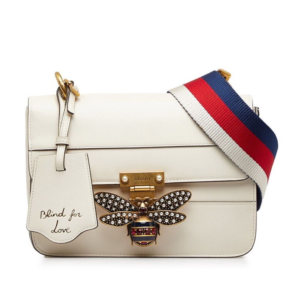 Gucci Queen Margaret Stripe Bee Tricolor Shoulder Bag White Leather